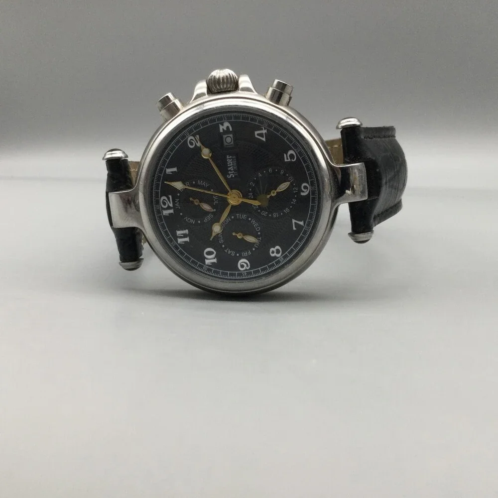 Stauer 27 Jewels Mens Watch 37mm Noire Moon Phase Day Date Month Automatic